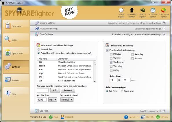Scheduled scanning with exhaustive list of options