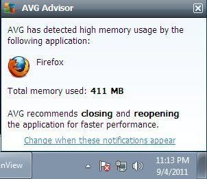 I've been using AVG Free edition 2012 for more than a week and I observed AVG Advisor giving notifications regarding high memory usage of Firefox.