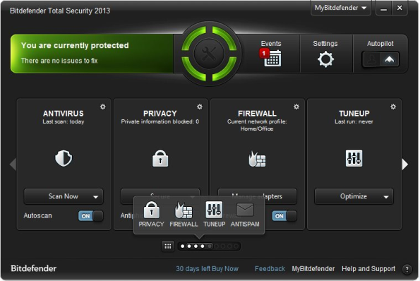 Interface of BitDefender Total Security 2013