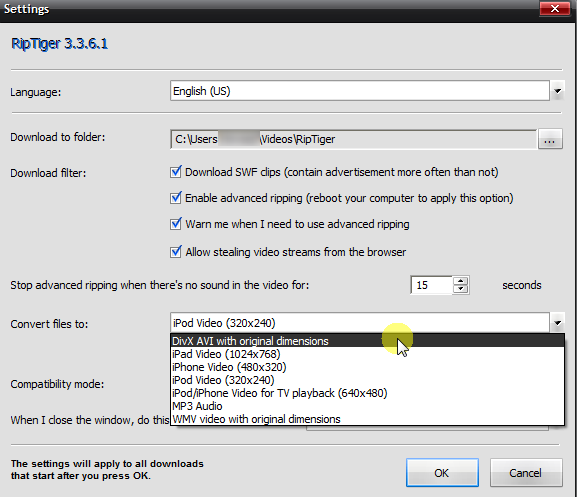 Settings Screen of RipTiger Settings Screen of RipTiger