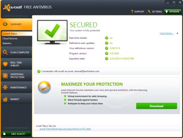 Interface of Avast 7 Interface of Avast 7