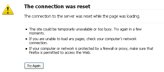 Connection was reset while loading page error in Firefox