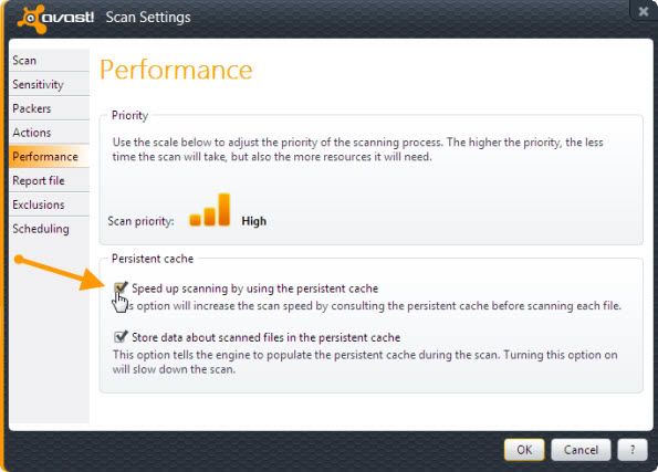 Enabling Persistent Cache to speed up scans in Avast 7