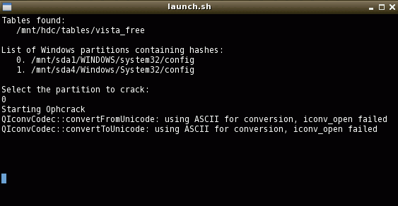 Ophcrack vista select partition to crack
