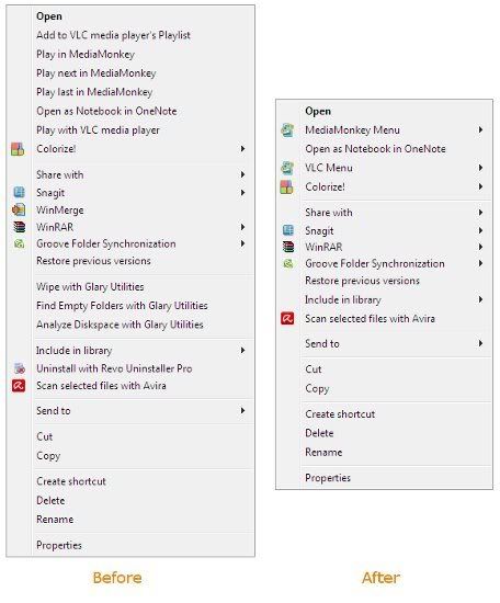 Folder Context Menu before and after organizing
