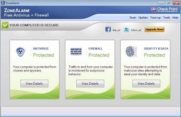 Interface of ZoneAlarm Free Antivirus + Firewall
