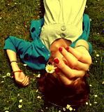 girl holding daisy, daisy field